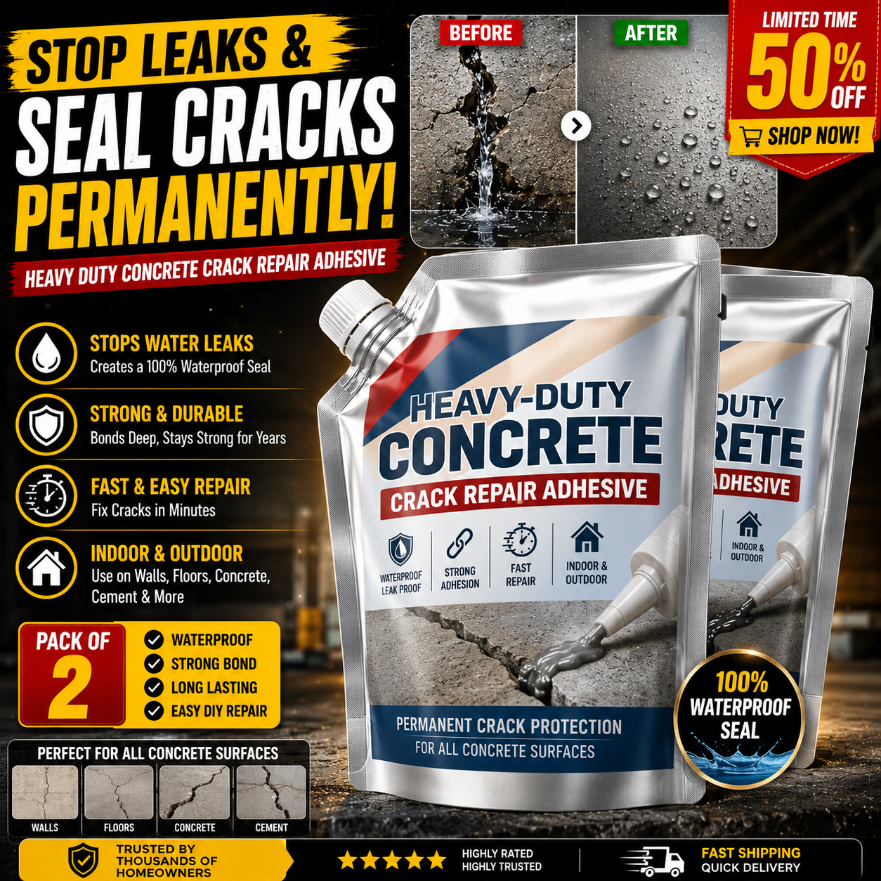 CRACK FILLER PRO - HEAVY-DUTY CONCRETE CRACK REPAIR ADHESIVE - PACK OF 2