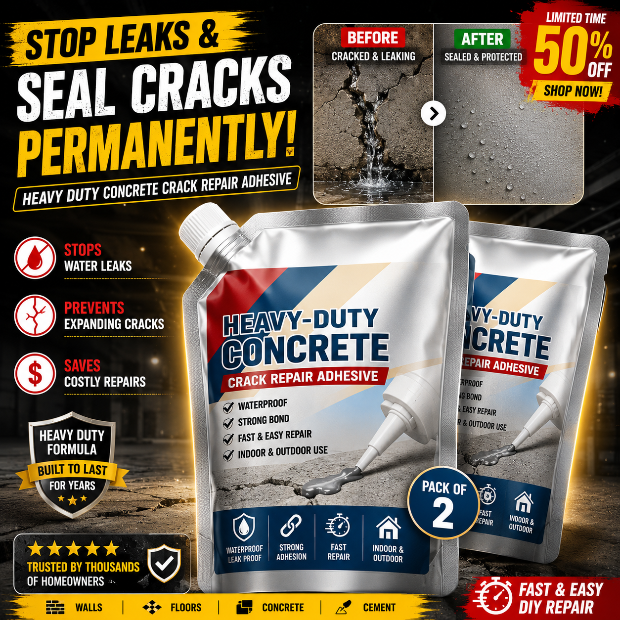 CRACK FILLER PRO - HEAVY-DUTY CONCRETE CRACK REPAIR ADHESIVE - PACK OF 2