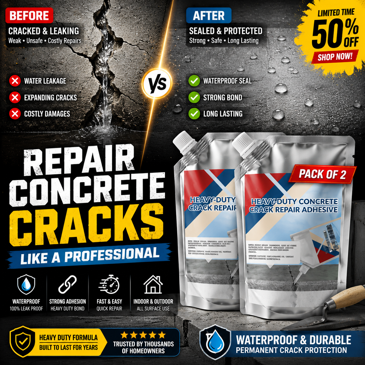 CRACK FILLER PRO - HEAVY-DUTY CONCRETE CRACK REPAIR ADHESIVE - PACK OF 2